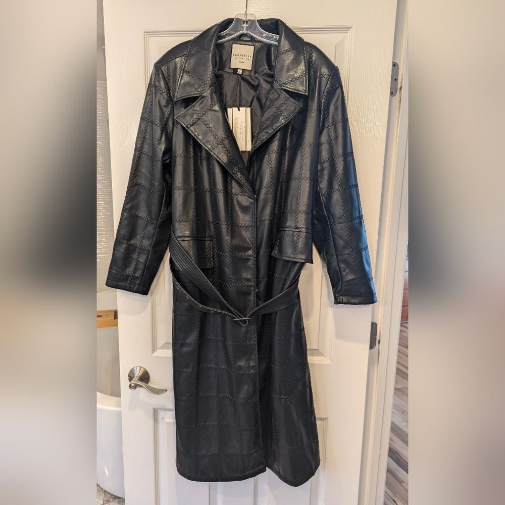 Black Quilted Faux-Leather Belted Trench Coat